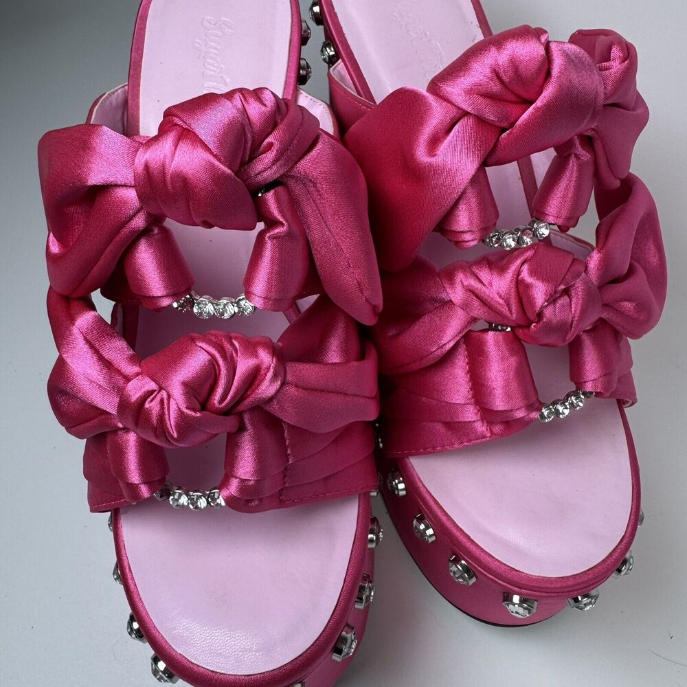 Sugar Thrillz Strike a Pose Diamante Bow Mule‎ Heels Pink Satin Platform Size 10 - Picture 8 of 12